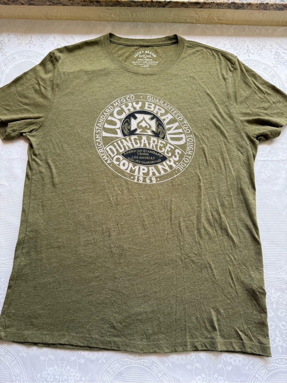 Lucky Brand Good Fortune Olive Green T-Shirt Men's Size L Graphic Tee Casual